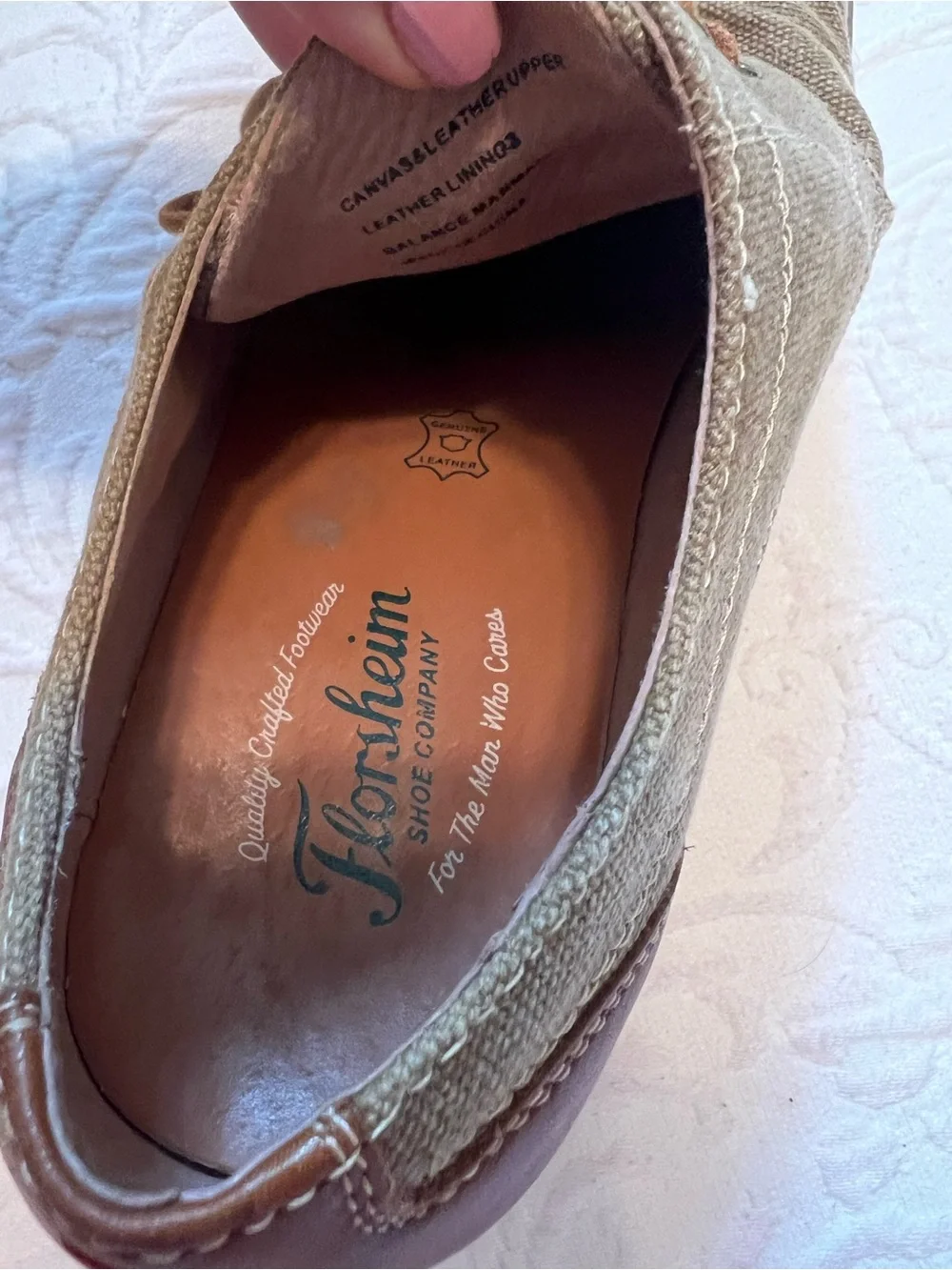 Florsheim Union Plain Toe Khaki Canvas Oxford Shoe with Leather Accents size 9.5
